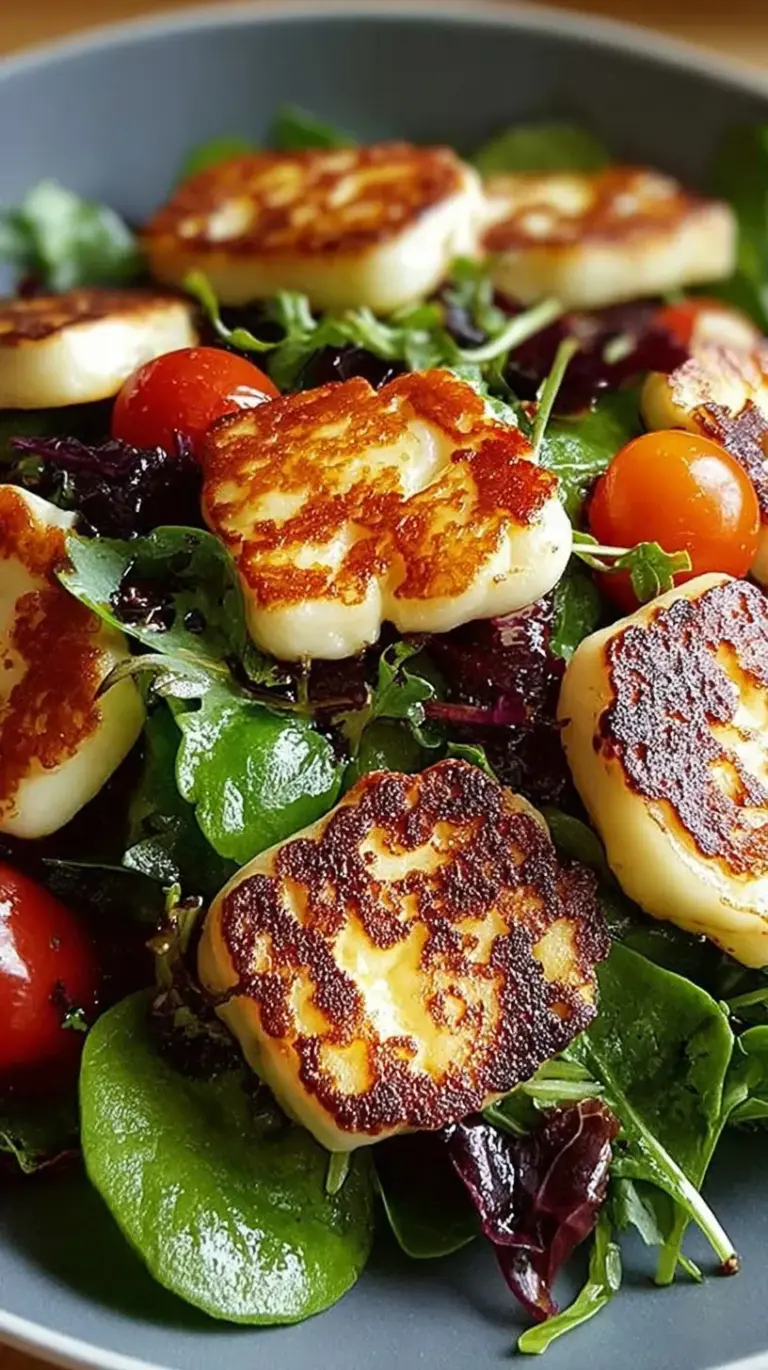 A vibrant Grilled Halloumi Salad with seared cheese, cherry tomatoes, and cucumber in a white bowl.