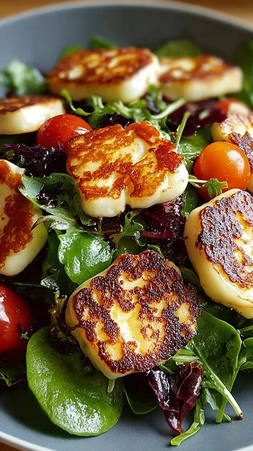 A vibrant Grilled Halloumi Salad with seared cheese, cherry tomatoes, and cucumber in a white bowl.
