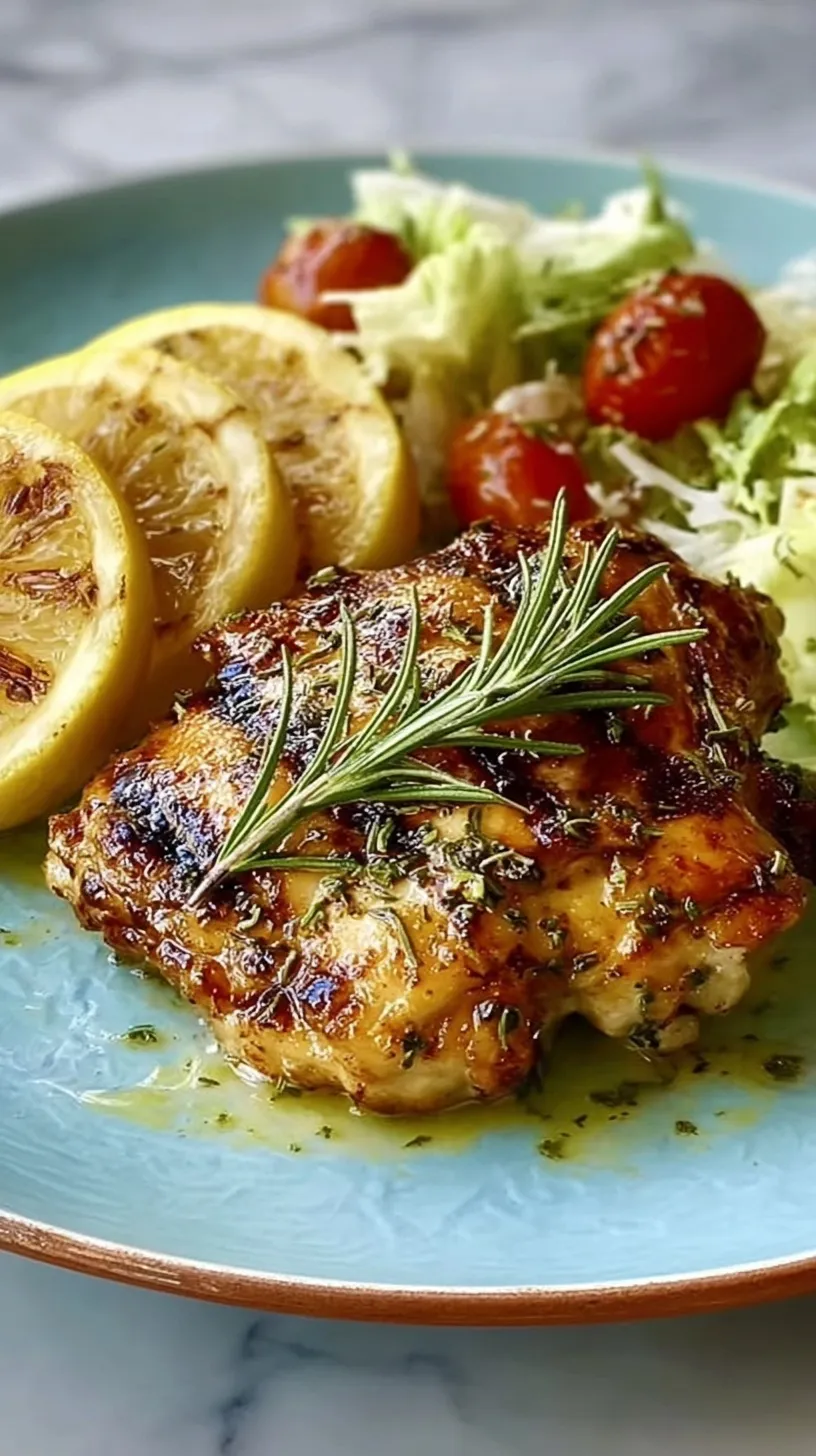 Grilled lemon garlic chicken thighs with charred skin and fresh herbs on a platter