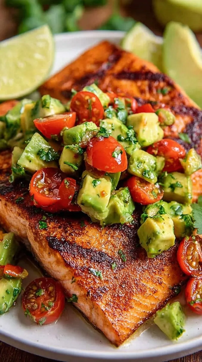 Juicy grilled salmon fillet topped with chunky green avocado salsa and red onion