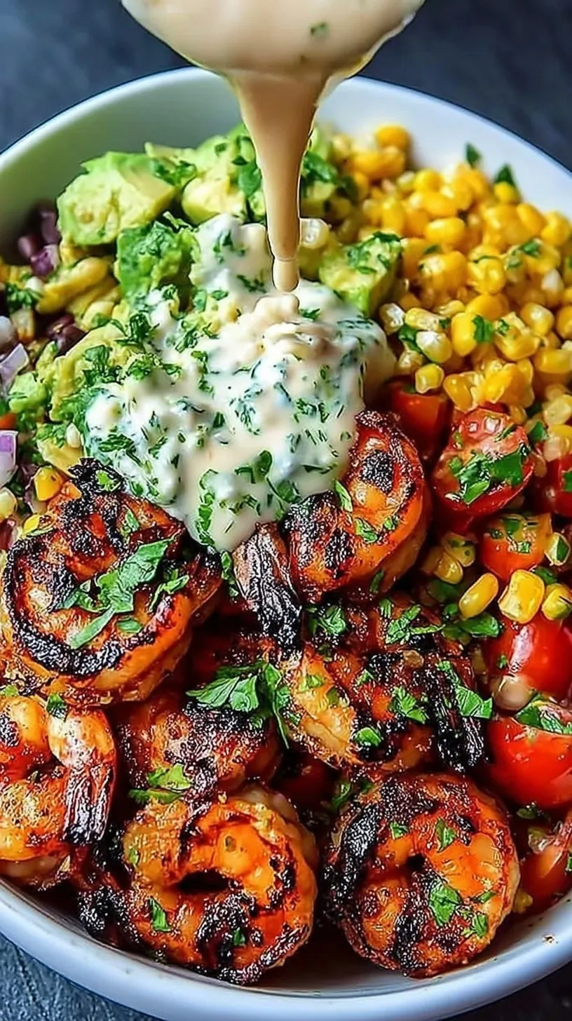 A vibrant Grilled Shrimp Bowl with charred corn, cubed avocado, and creamy white garlic sauce over jasmine rice.