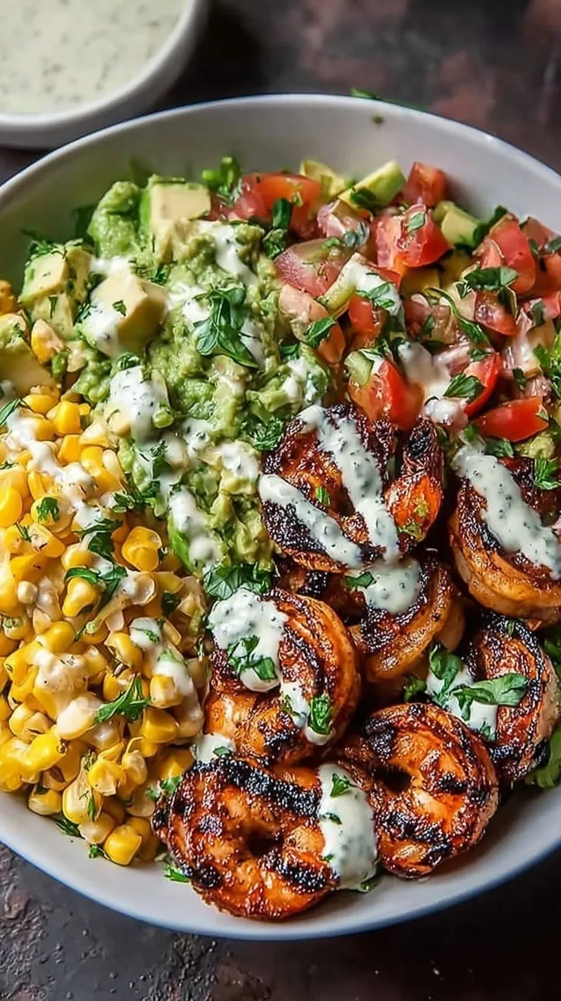 A vibrant Grilled Shrimp Bowl with charred corn avocado salsa and creamy white sauce on top of quinoa.
