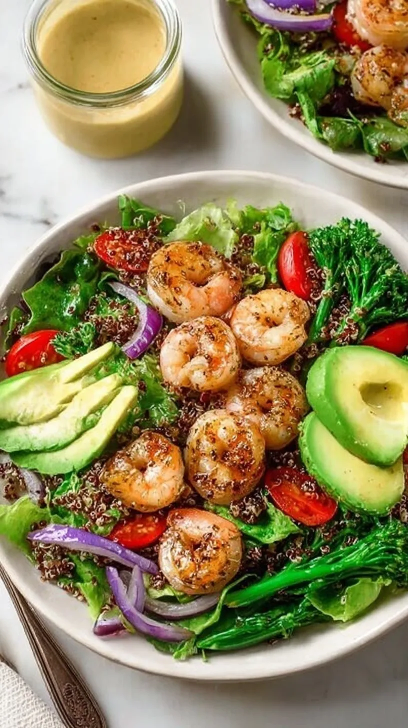 A vibrant grilled shrimp salad with charred shrimp, cherry tomatoes, and feta cheese.