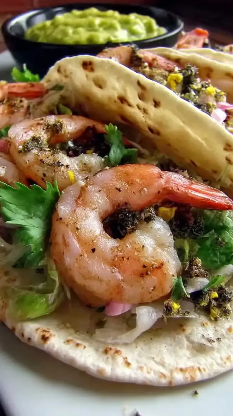 Close-up of three grilled shrimp tacos with cabbage, cilantro, and lime crema on corn tortillas.
