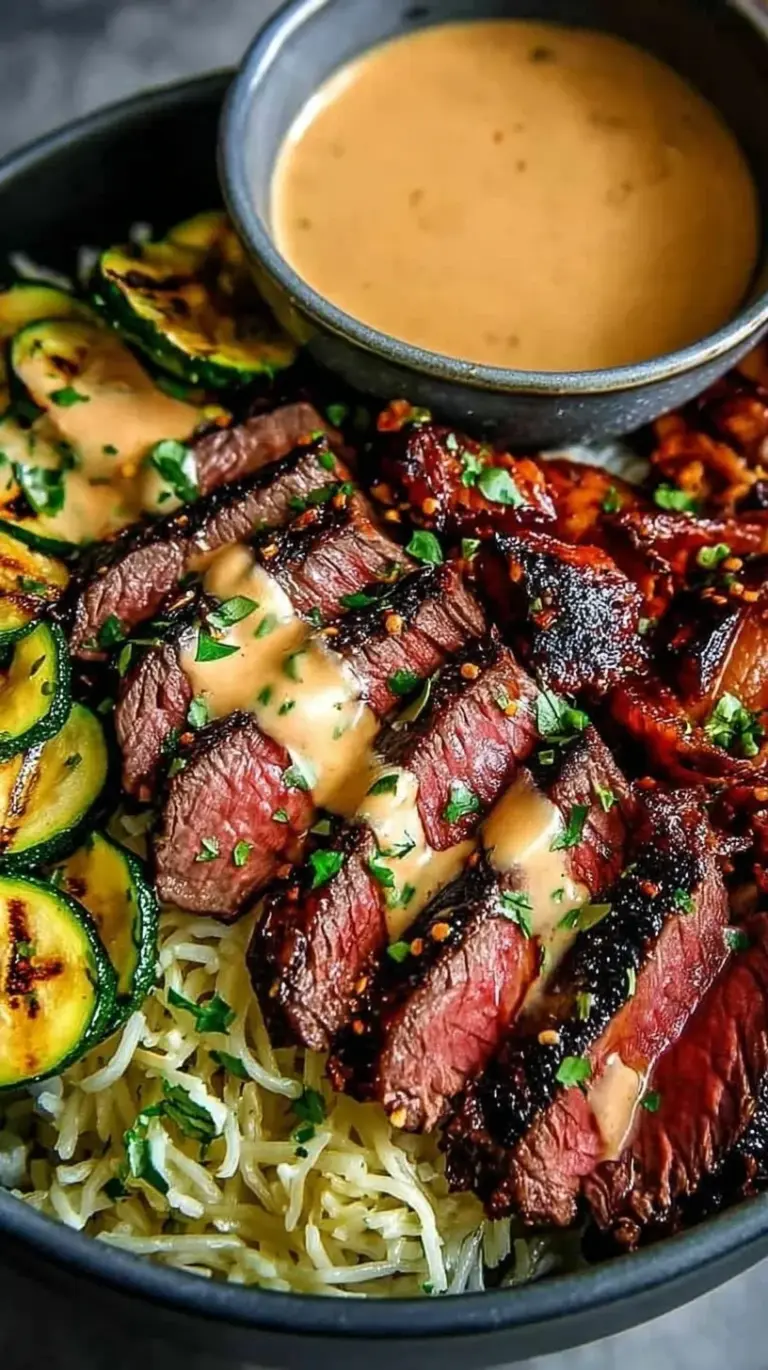 A vibrant Grilled Steak Bowl with sliced flank steak, avocado, corn, and black beans drizzled with green sauce.