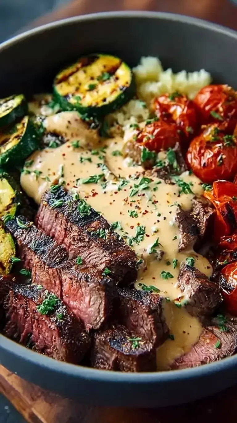 A Grilled Steak Bowl with sliced steak, charred zucchini, and jasmine rice topped with white creamy sauce.