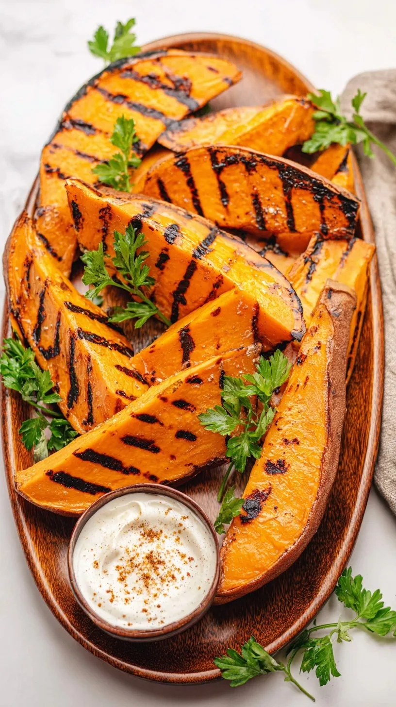 Sliced grilled sweet potatoes with charred grill marks and smoked paprika seasoning on a platter.
