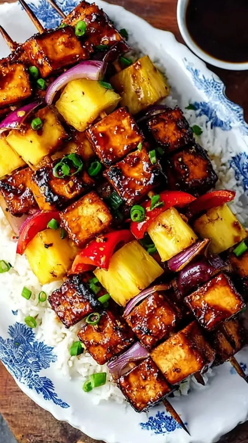 Close up of grilled tofu skewers with pineapple and bell peppers on a white plate