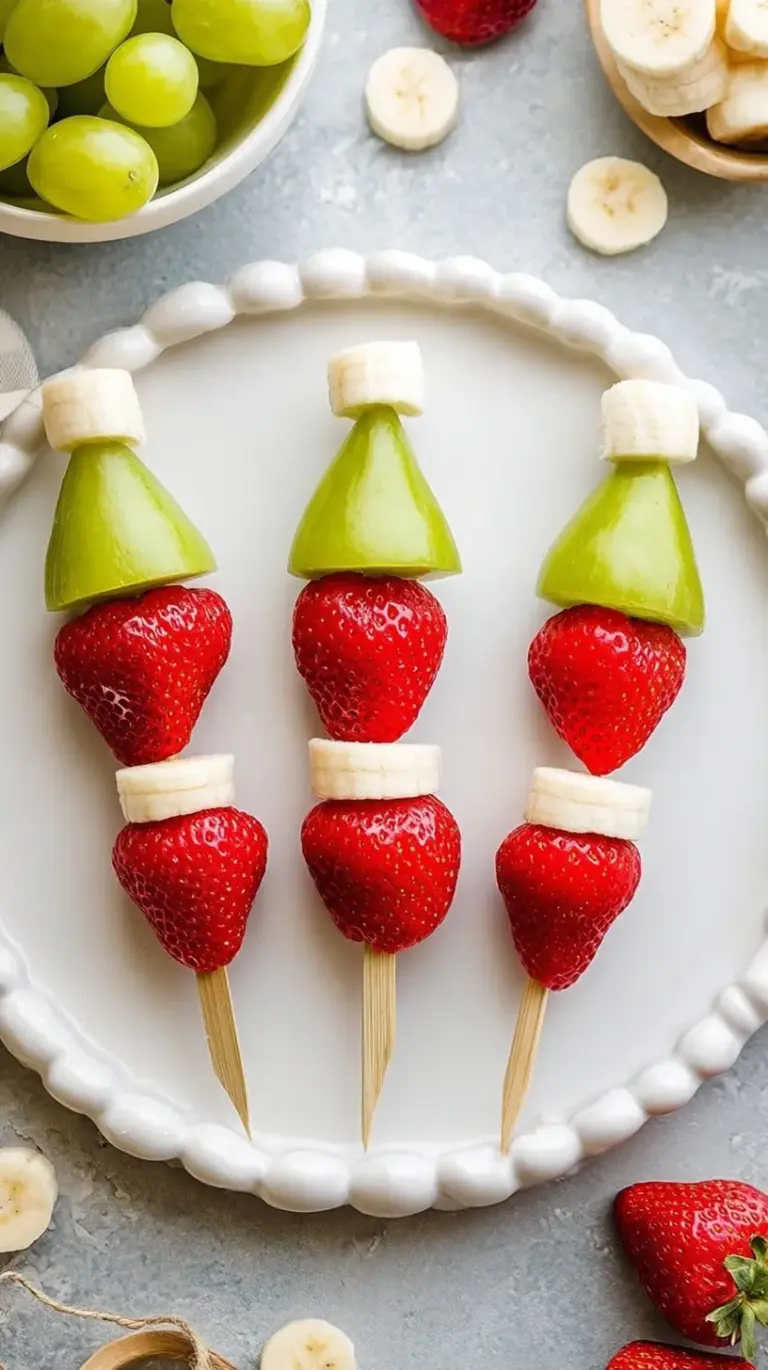 Festive Grinch fruit kabobs made with grapes, bananas, and strawberries on toothpicks