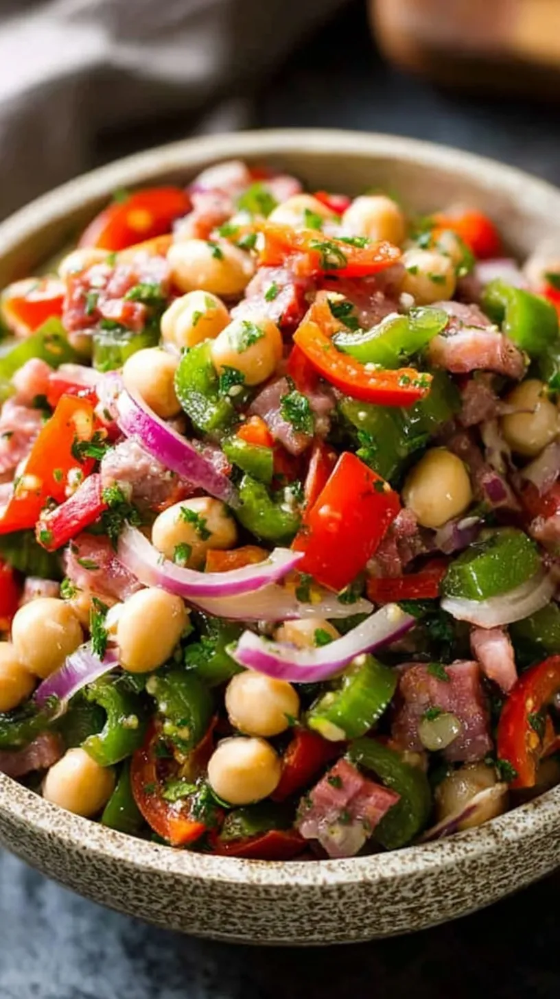 A vibrant bowl of Grinder Dense Bean Salad with chickpeas, salami, and creamy dressing.