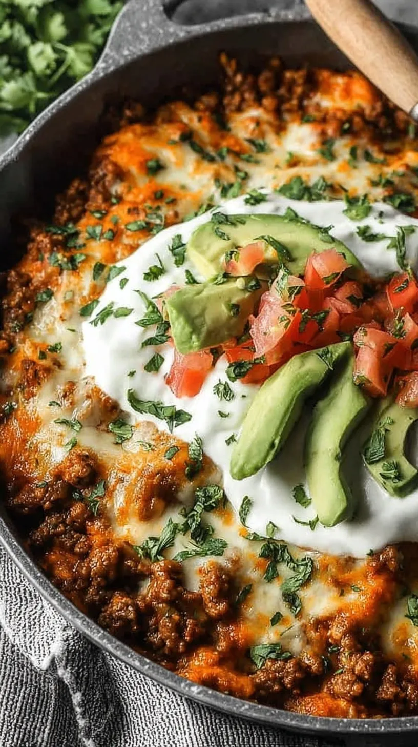 A cheesy ground beef enchilada skillet topped with fresh cilantro and tortilla strips in a black cast iron pan.