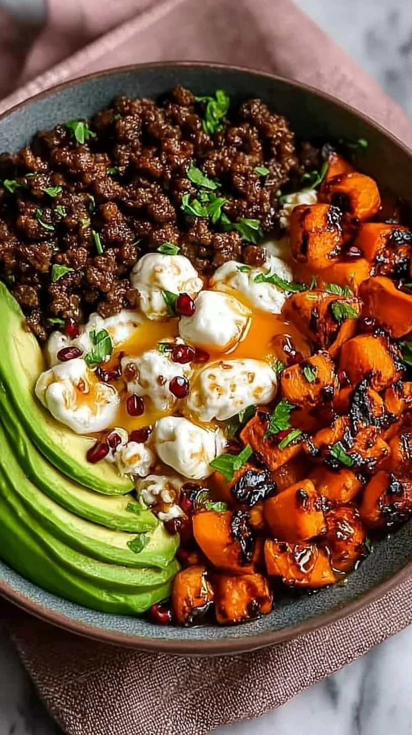 A vibrant bowl of glazed ground beef with hot honey, steamed broccoli, and jasmine rice topped with green onions and sesame seeds.