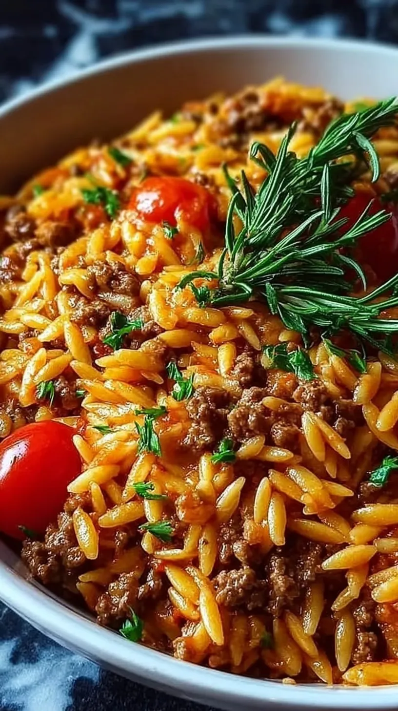 A steaming skillet of ground beef and orzo pasta with melted parmesan and fresh spinach.