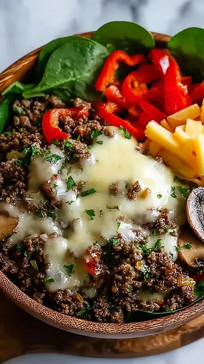 A skillet filled with ground beef, sautéed peppers, onions, and melted provolone cheese