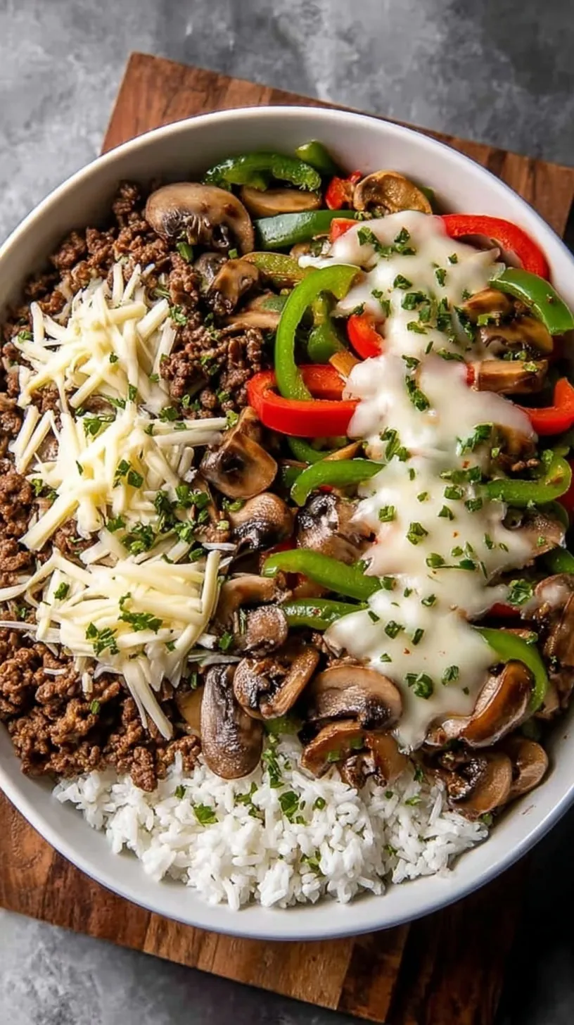 Four meal prep containers filled with ground beef, sautéed green peppers, onions, and melted provolone cheese.