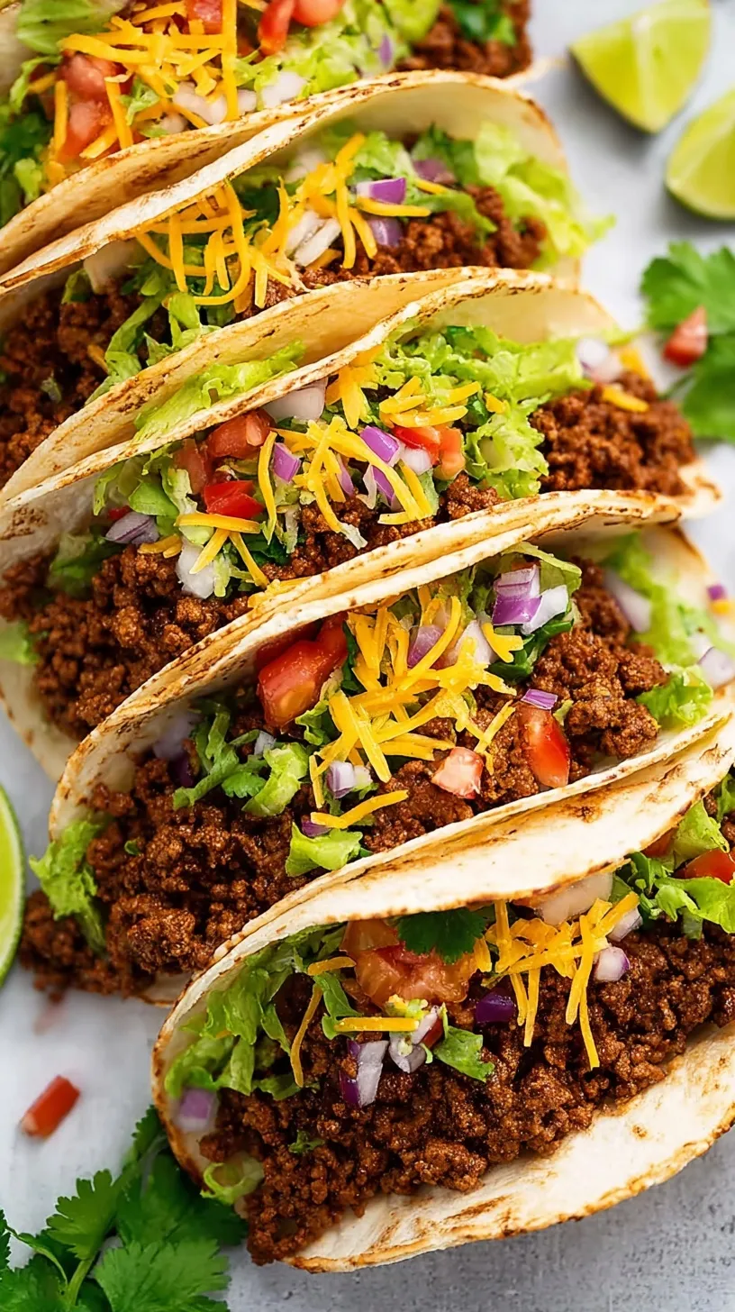 Juicy seasoned ground beef in taco shells topped with fresh lettuce, cheese, and sour cream
