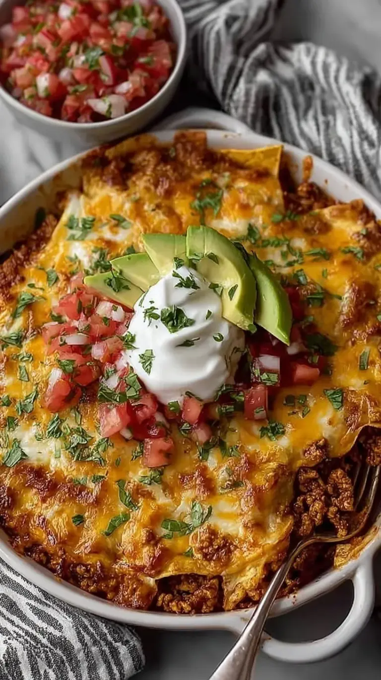 A bubbling dish of Ground Chicken Taco Casserole with melted cheese and crunchy tortilla chips