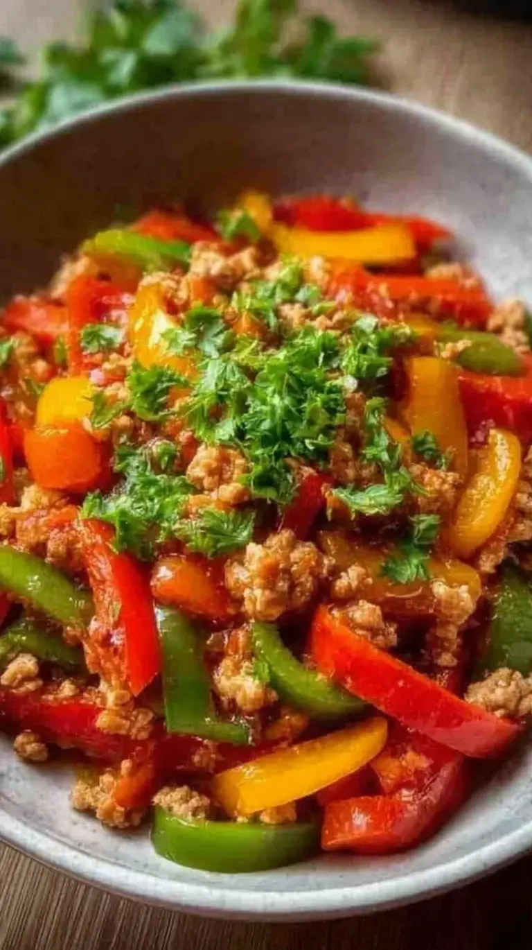 A colorful skillet filled with browned ground turkey, red, yellow, and green bell peppers, and sautéed onions.