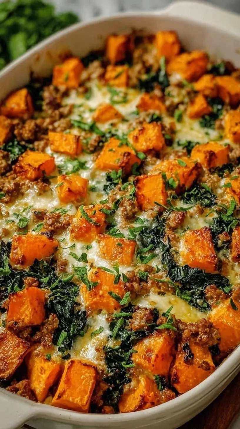 A cheesy ground turkey and sweet potato casserole in a white baking dish garnished with fresh parsley.