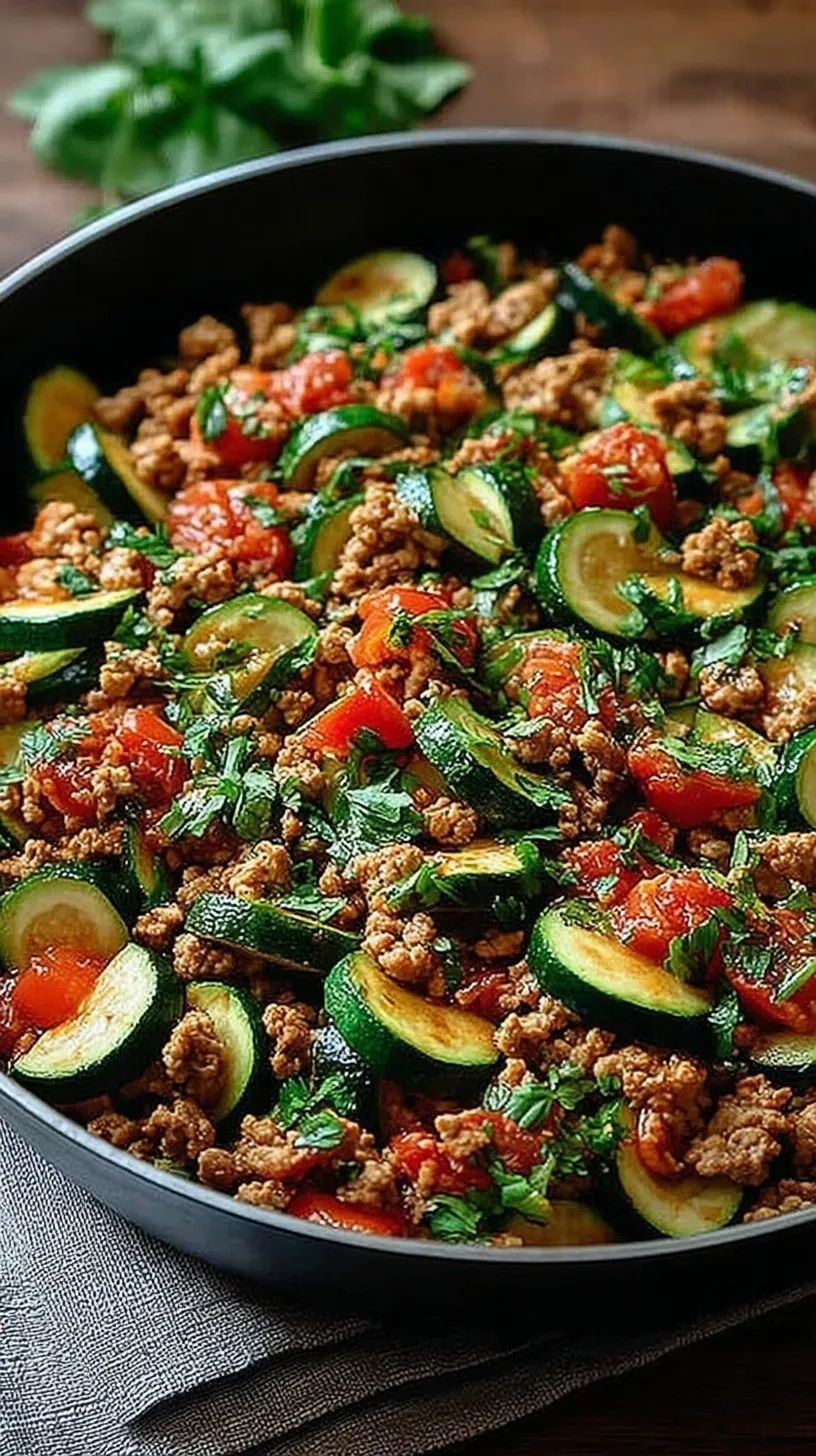 A sizzling ground turkey zucchini skillet with melted mozzarella cheese and diced tomatoes.