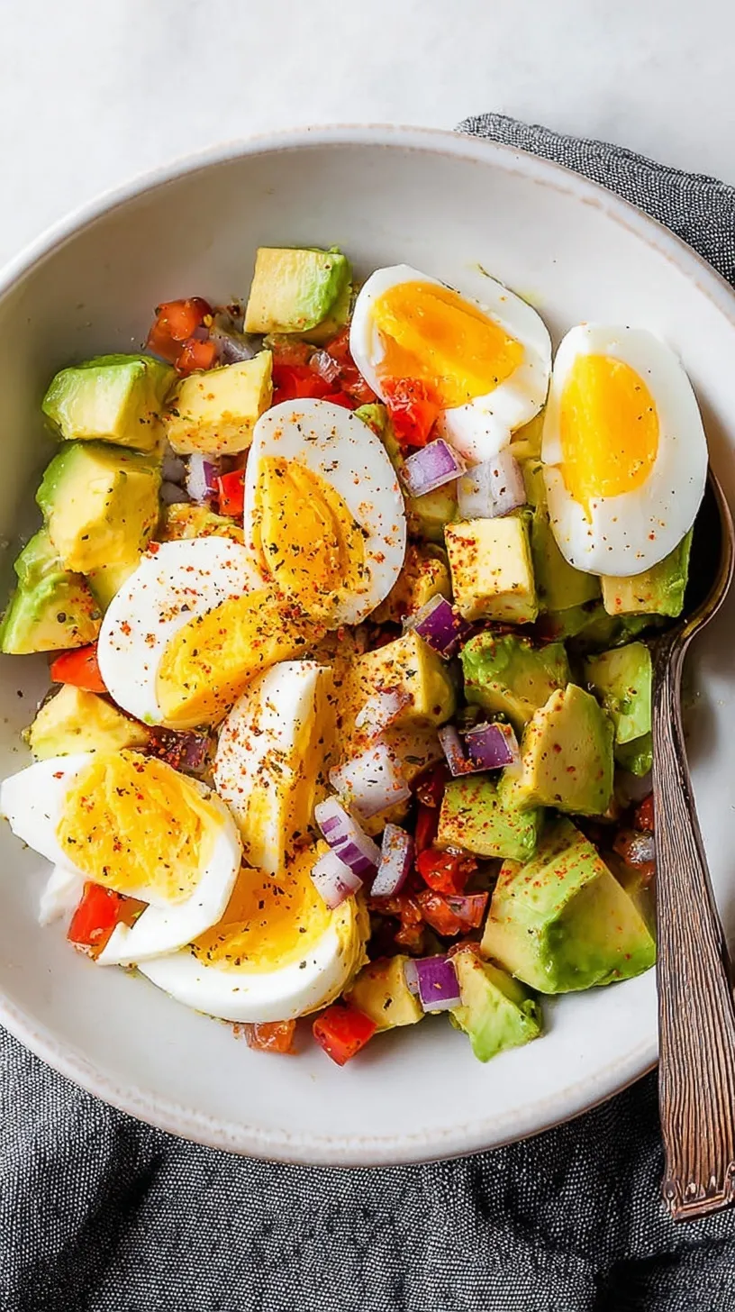 A fresh bowl with hard-boiled eggs, chopped avocado, red onions, and bell peppers drizzled with balsamic.