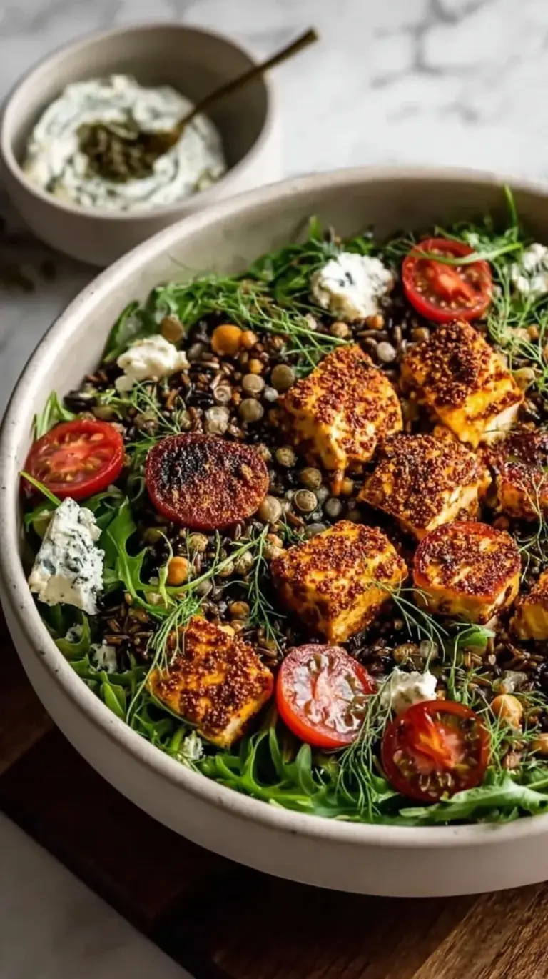 A vibrant bowl of roasted harissa chicken, nutty wild rice, fresh cucumbers, and cherry tomatoes drizzled with tahini dressing.