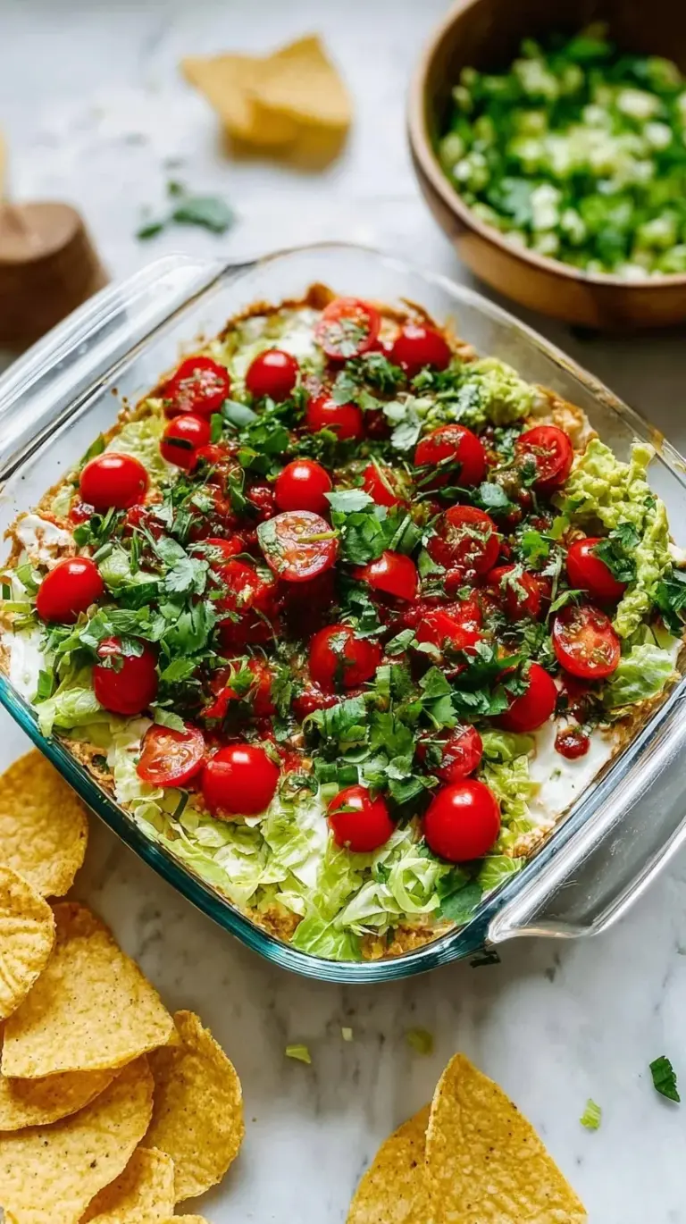 A glass dish showing colorful layers of beans, avocado, yogurt, salsa, and cheese.