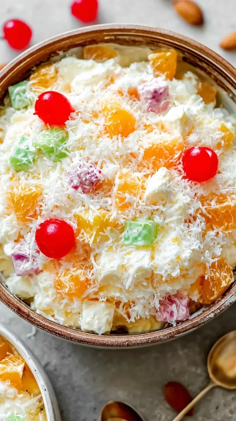 A bowl of creamy healthy ambrosia salad with pineapple, oranges, grapes, and pecans