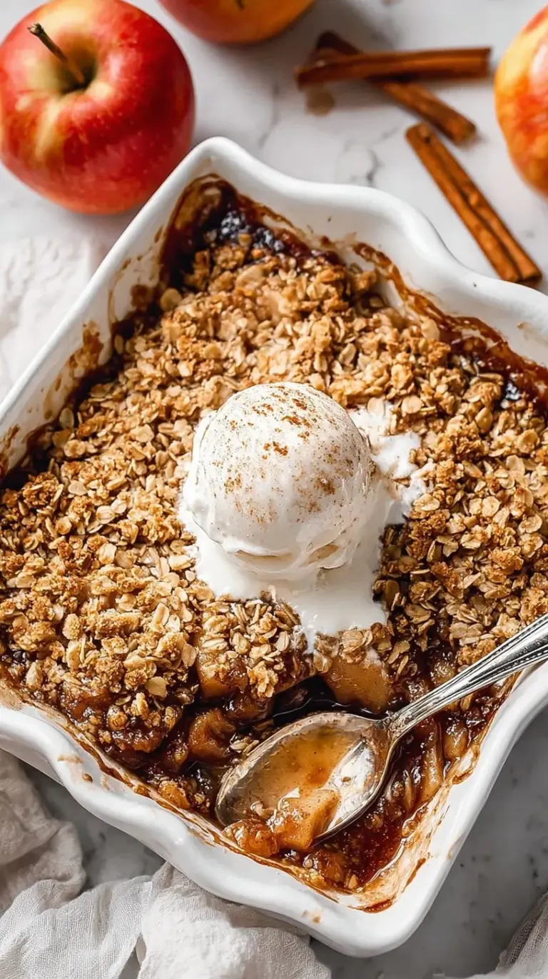 Golden brown healthy apple crisp with oat topping in a white baking dish