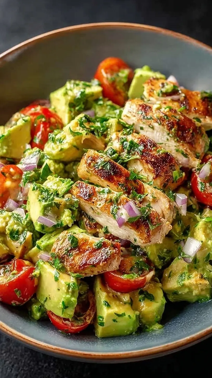 Creamy avocado chicken salad with red onions and cilantro in a white bowl