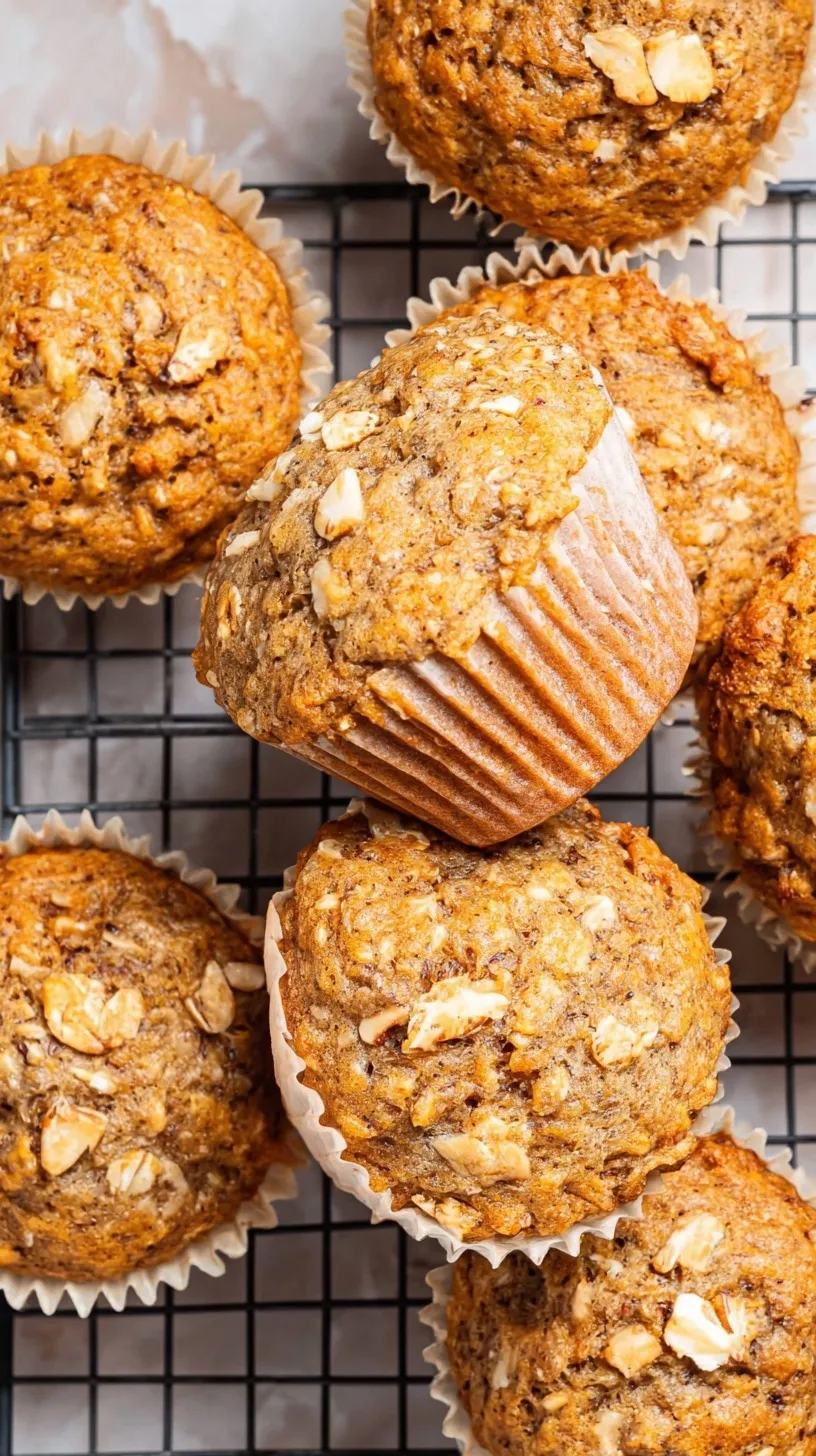A stack of golden brown healthy banana muffins on a wire cooling rack