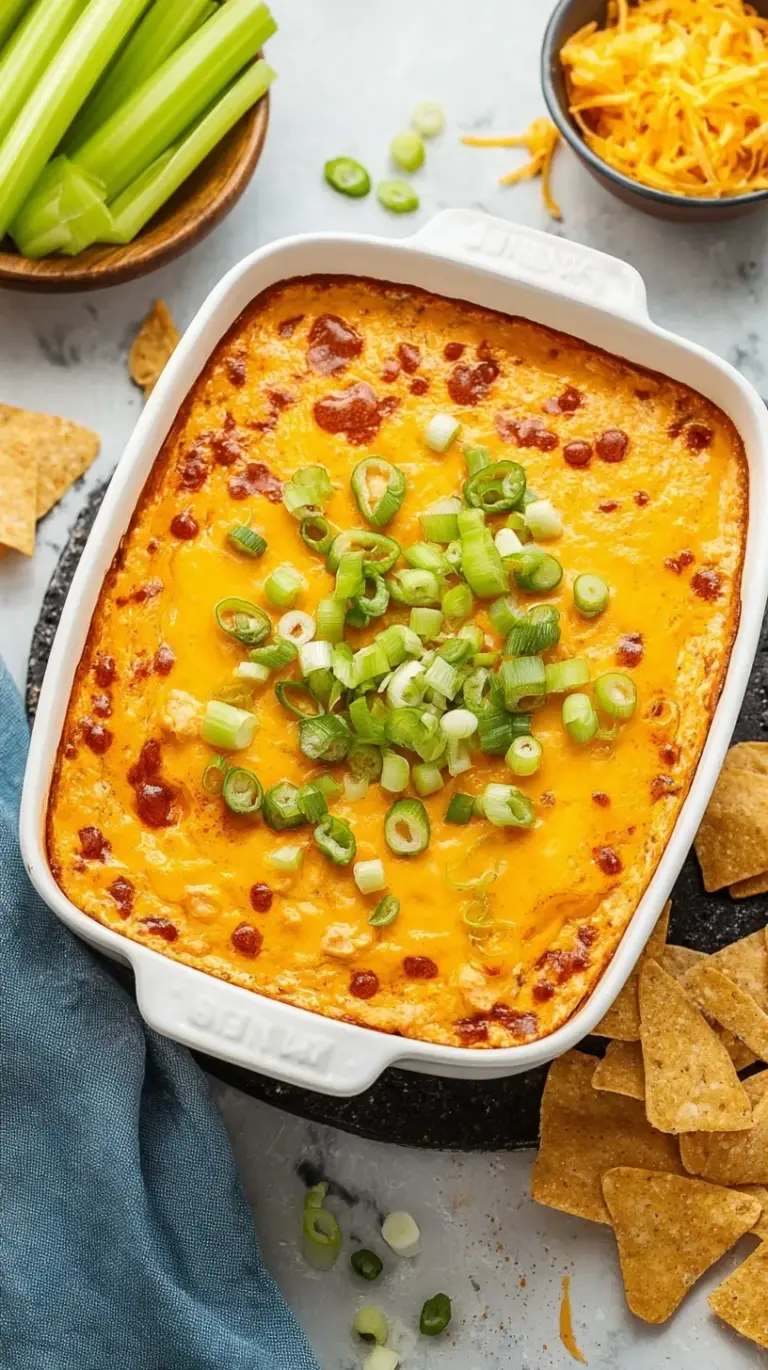 Bubbly healthy buffalo chicken dip in a baking dish topped with green onions and served with celery sticks