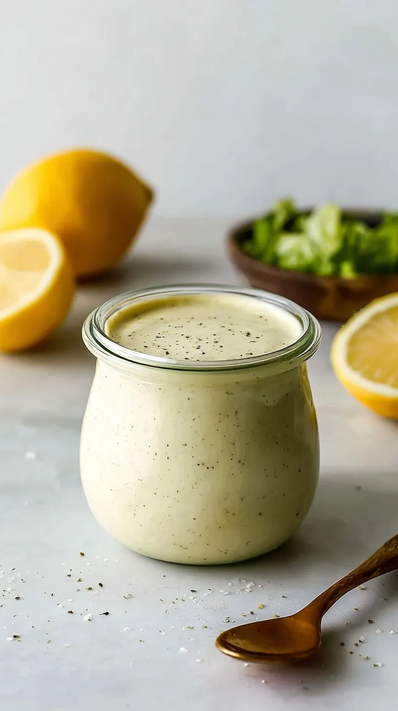Creamy Greek yogurt Caesar dressing in a small glass jar with fresh black pepper and parmesan