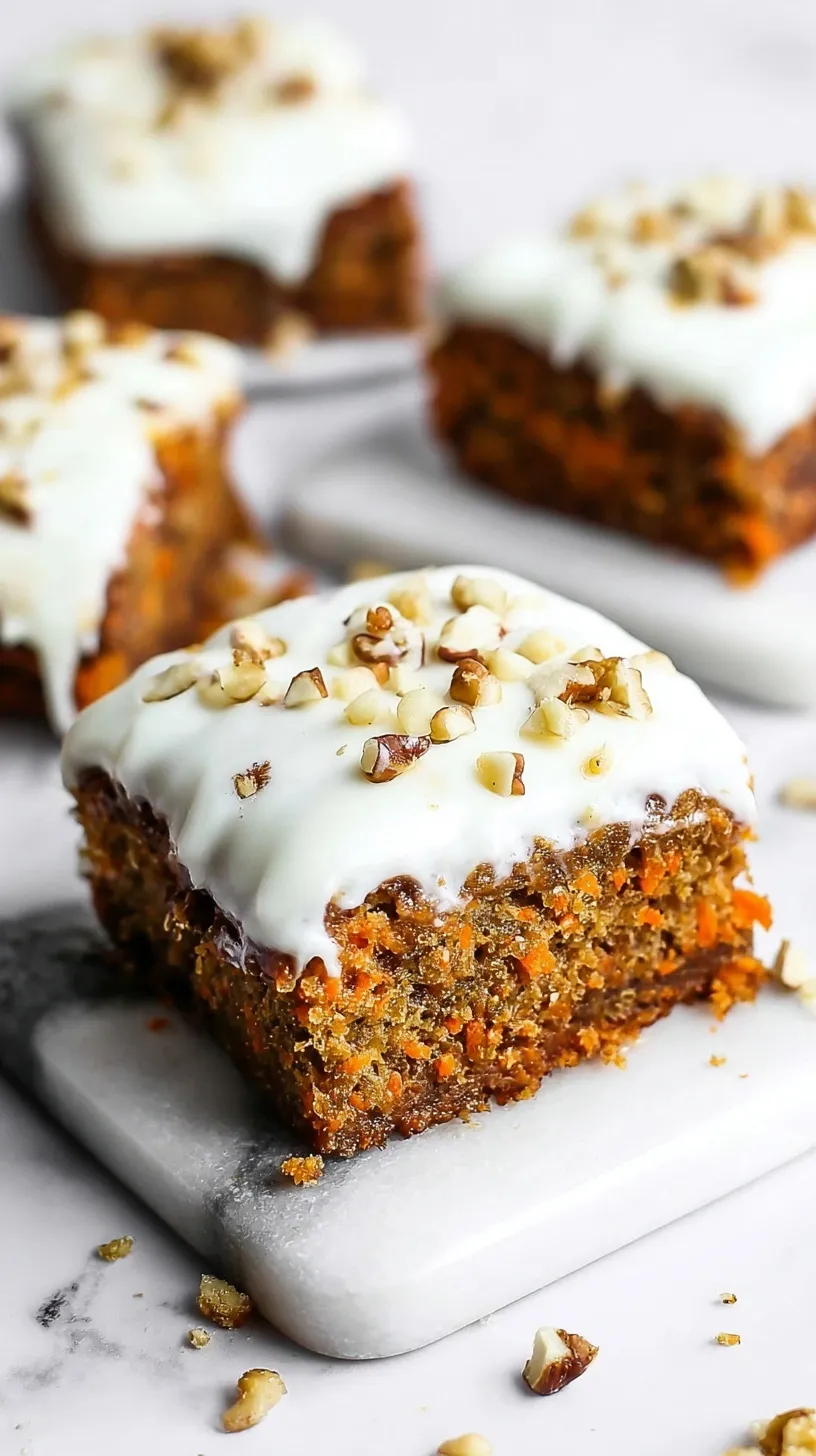A stack of moist Healthy Carrot Cake Bars topped with chopped walnuts on a wooden board.