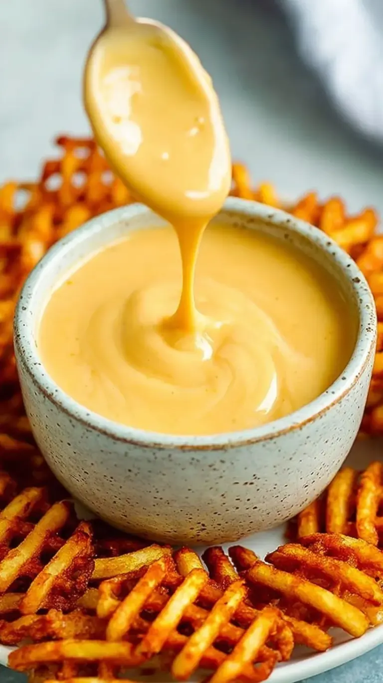 Creamy orange dipping sauce in a small bowl with chicken nuggets on the side