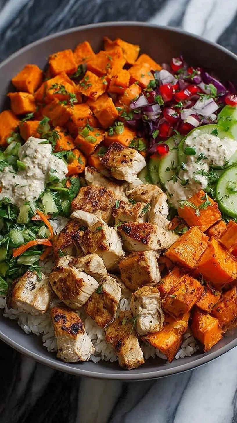 A vibrant meal prep bowl with roasted chicken cubes, caramelized sweet potatoes, and green broccoli over brown rice.