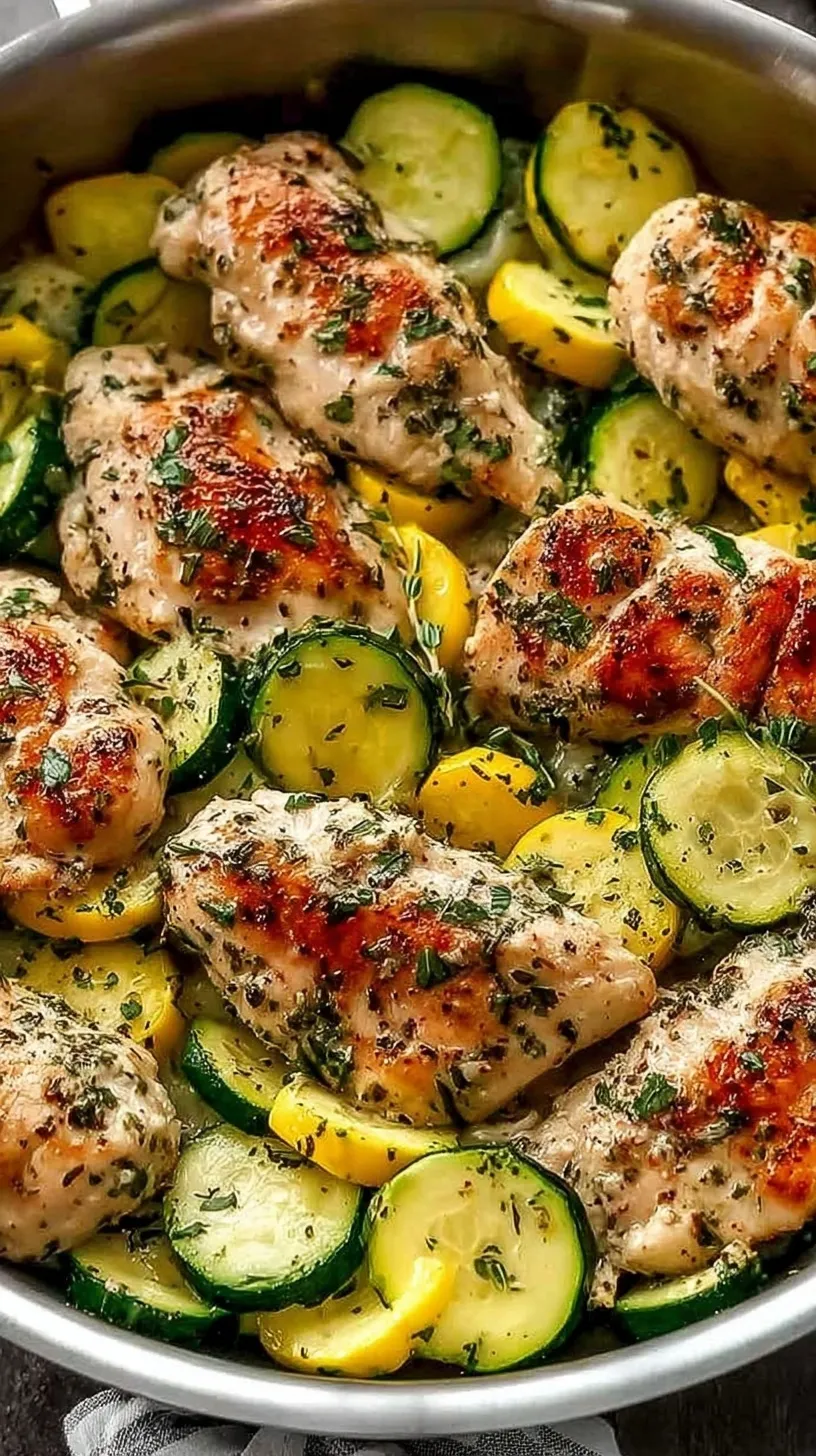 Sizzling skillet with golden chicken cubes, green zucchini, and yellow squash