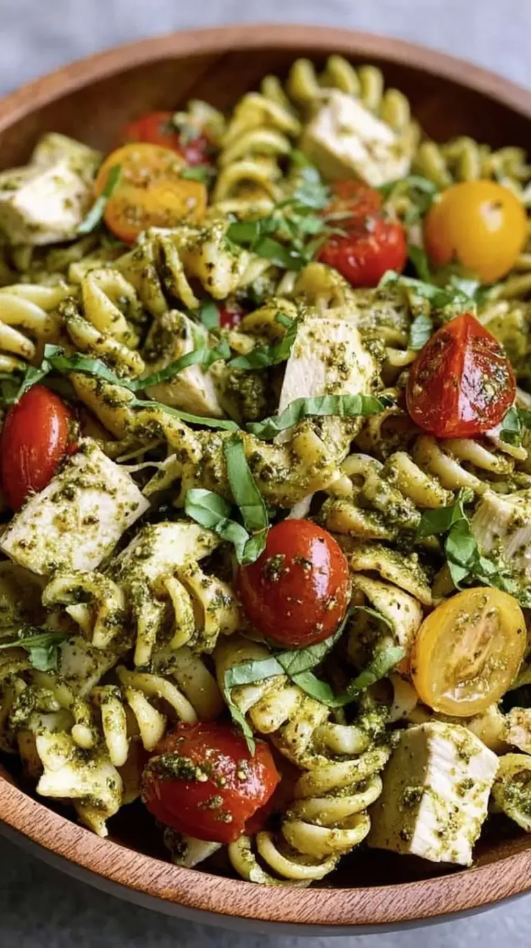 A vibrant bowl of healthy chicken pesto pasta salad with whole wheat rotini, cherry tomatoes, and cubed chicken.
