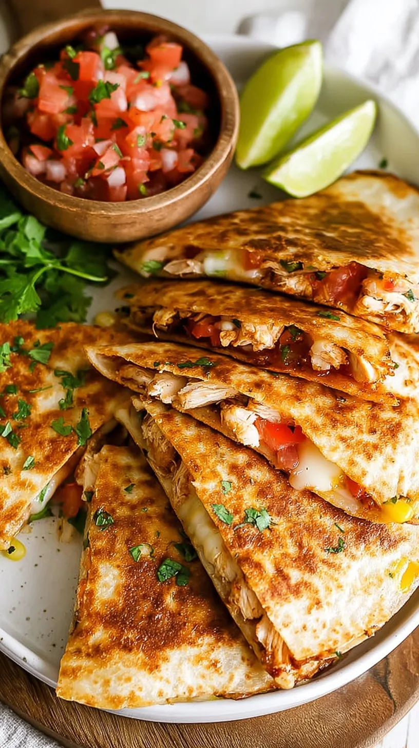 Crispy whole wheat quesadillas filled with shredded chicken, melted cheese, and colorful bell peppers on a serving plate.