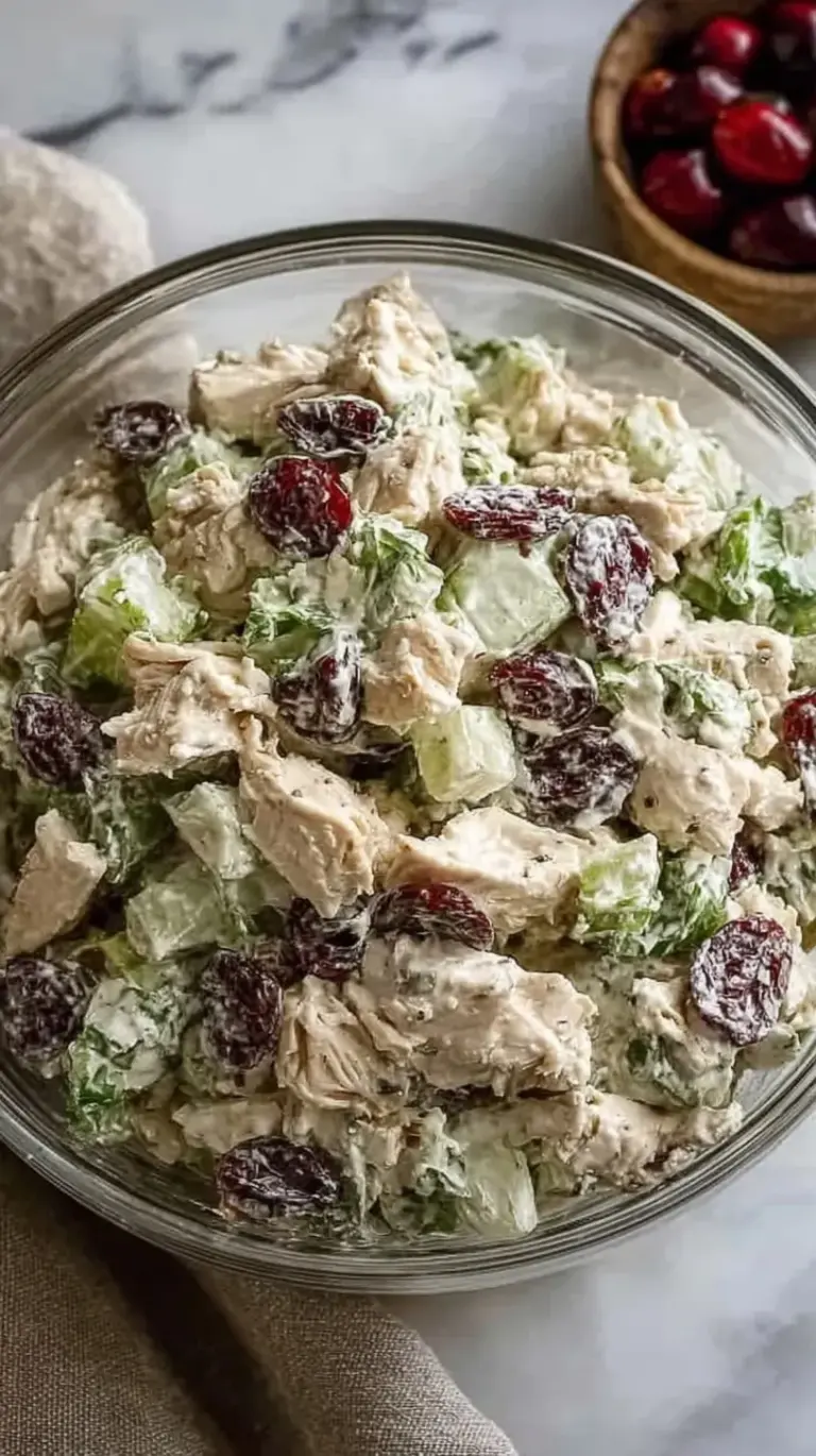A bowl of creamy healthy chicken salad with grapes and celery
