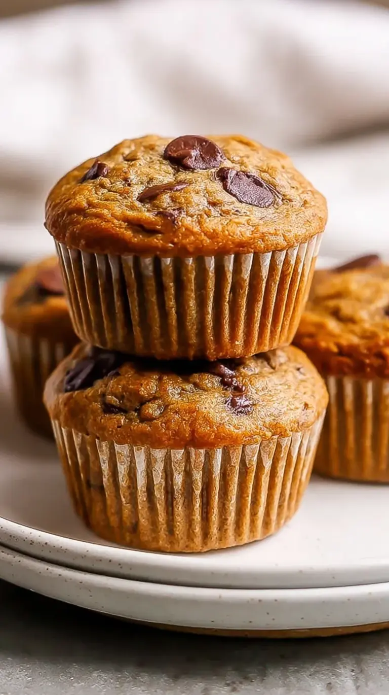 A stack of moist whole wheat chocolate chip muffins on a cooling rack
