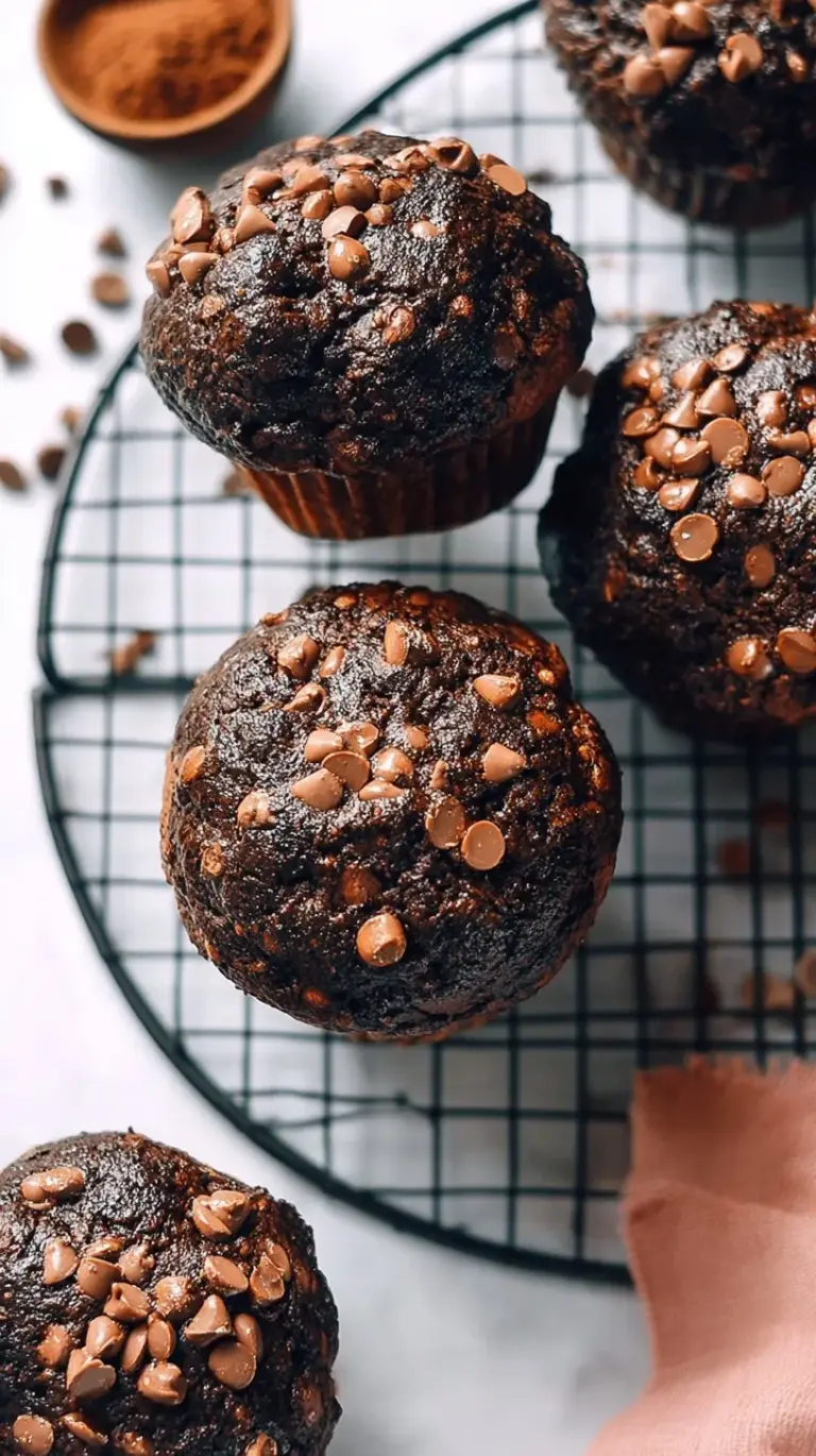 A stack of moist Healthy Chocolate Muffins with melted dark chocolate chips on top.