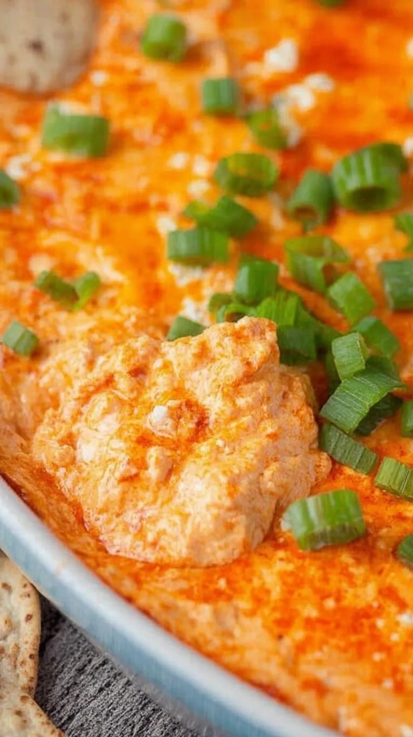 A bubbling dish of buffalo chicken dip topped with melted mozzarella and green onions.
