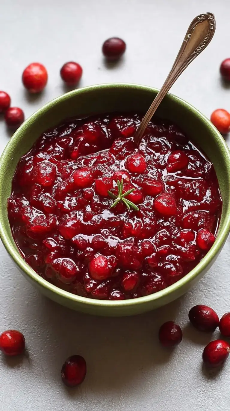 A bowl of vibrant red healthy cranberry sauce with a cinnamon stick and orange zest on top.
