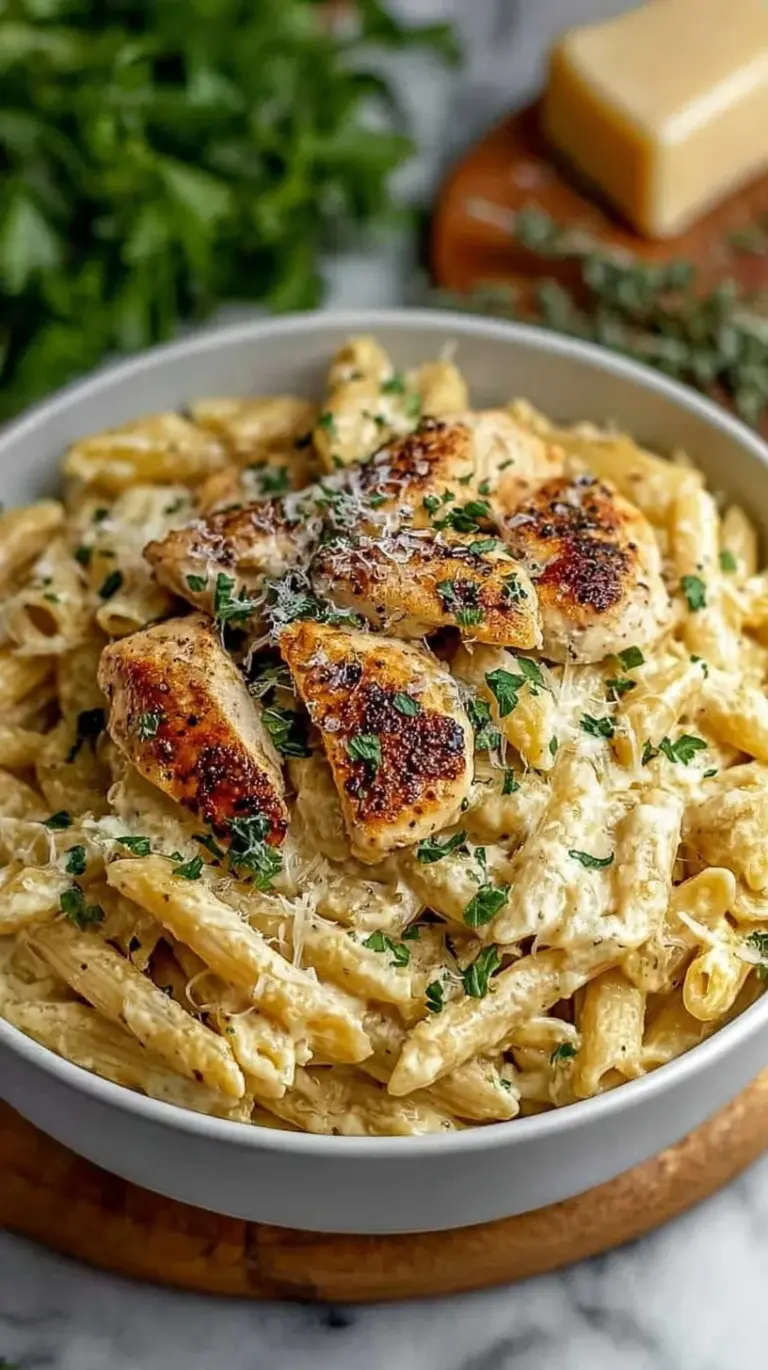 Creamy garlic parmesan chicken pasta with spinach and whole wheat penne in a skillet