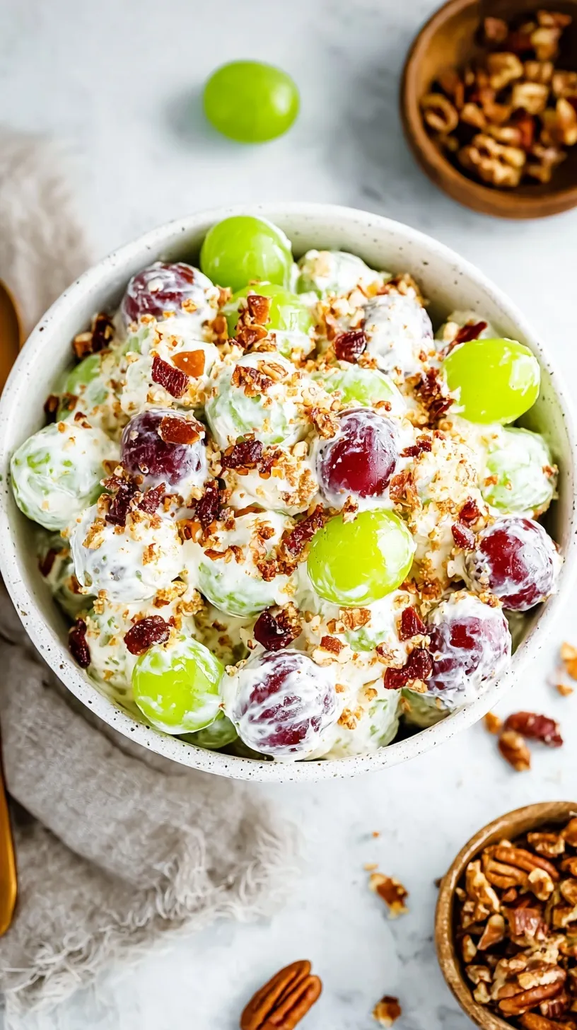 A creamy green and red grape salad topped with chopped walnuts in a glass bowl.