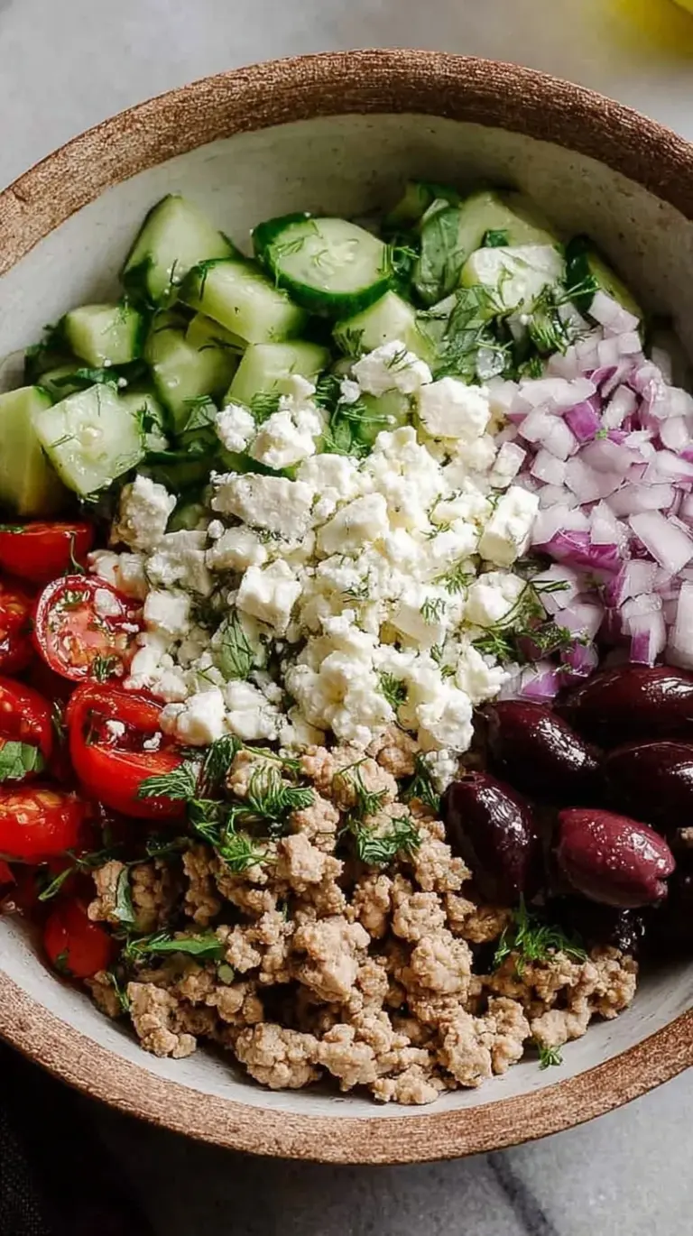 Healthy Greek ground chicken bowl with rice, cucumber, tomatoes, and feta