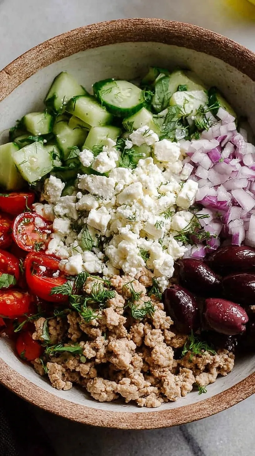 Healthy Greek ground chicken bowl with rice, cucumber, tomatoes, and feta