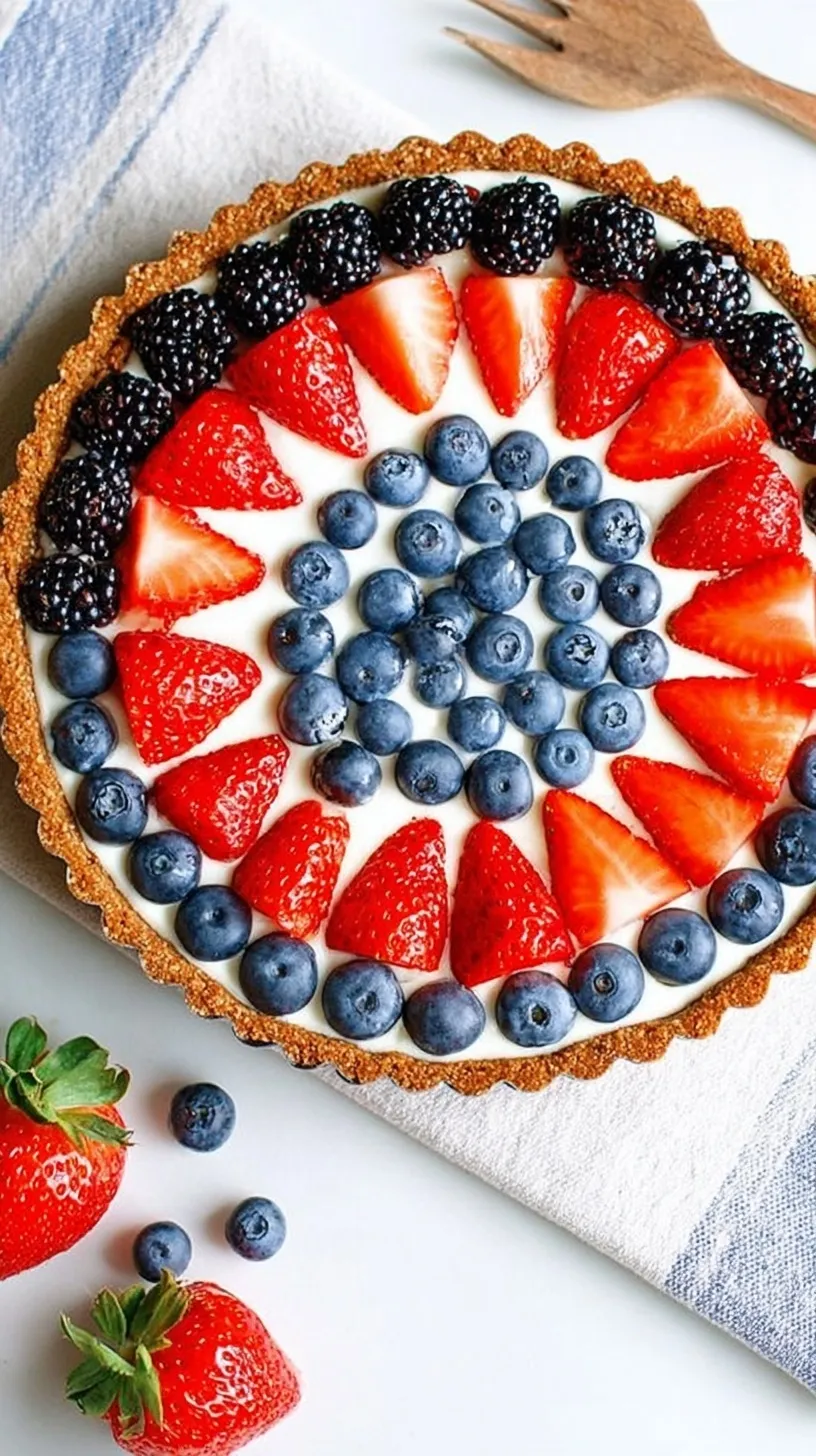 Fresh berry tart with Greek yogurt filling and oat walnut crust on a white plate.