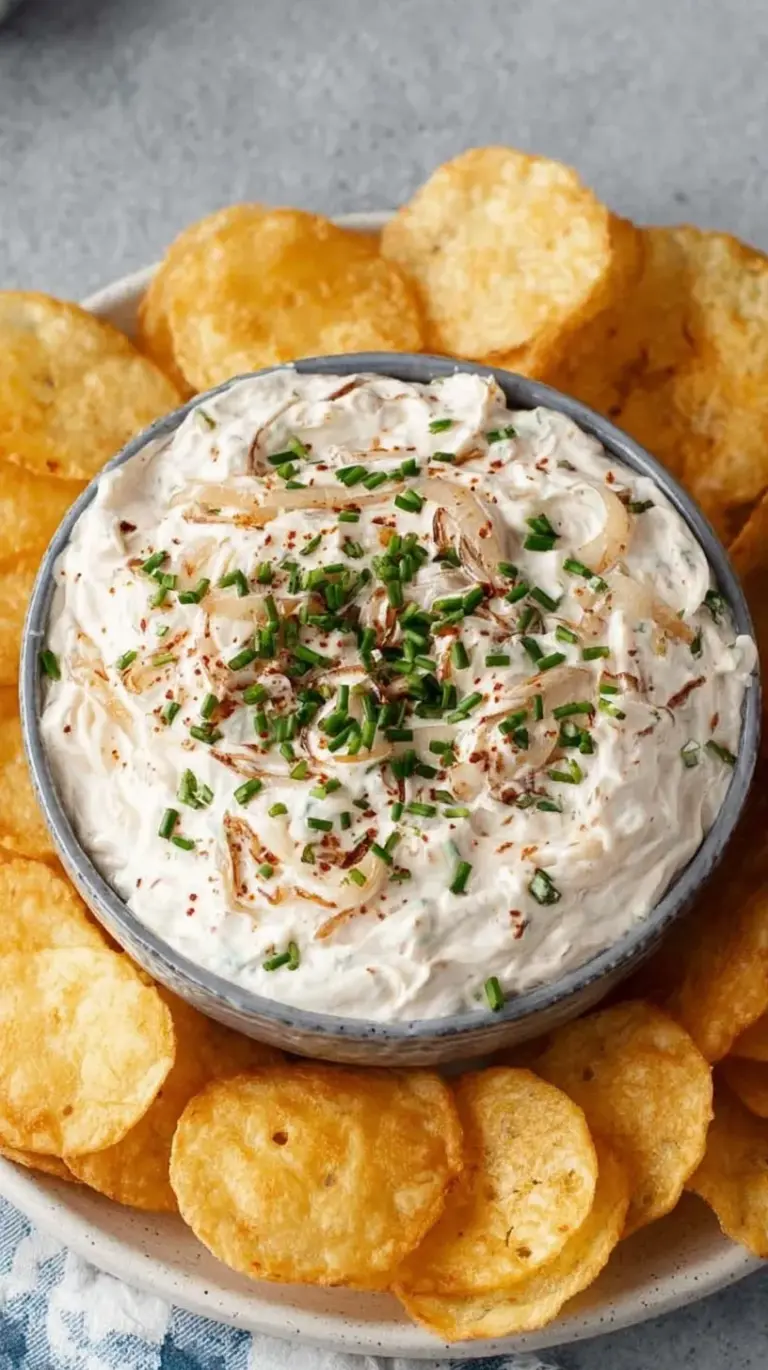 A bowl of creamy healthy greek yogurt onion dip topped with fresh chives and served with vegetable sticks.